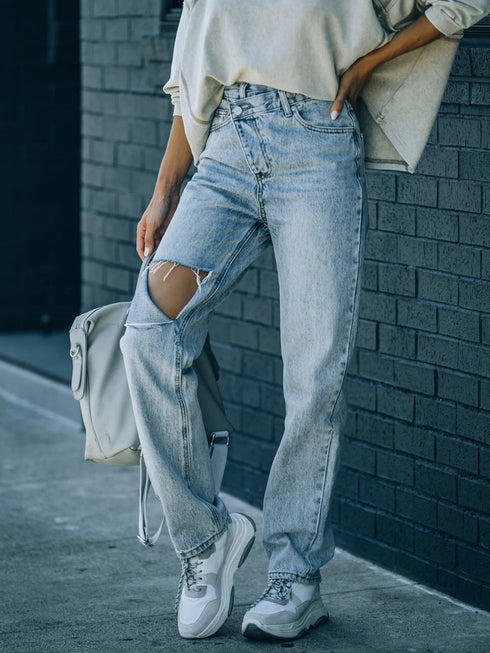 'Jemma' Asymmetric Distressed Jeans - Celes Fashion
